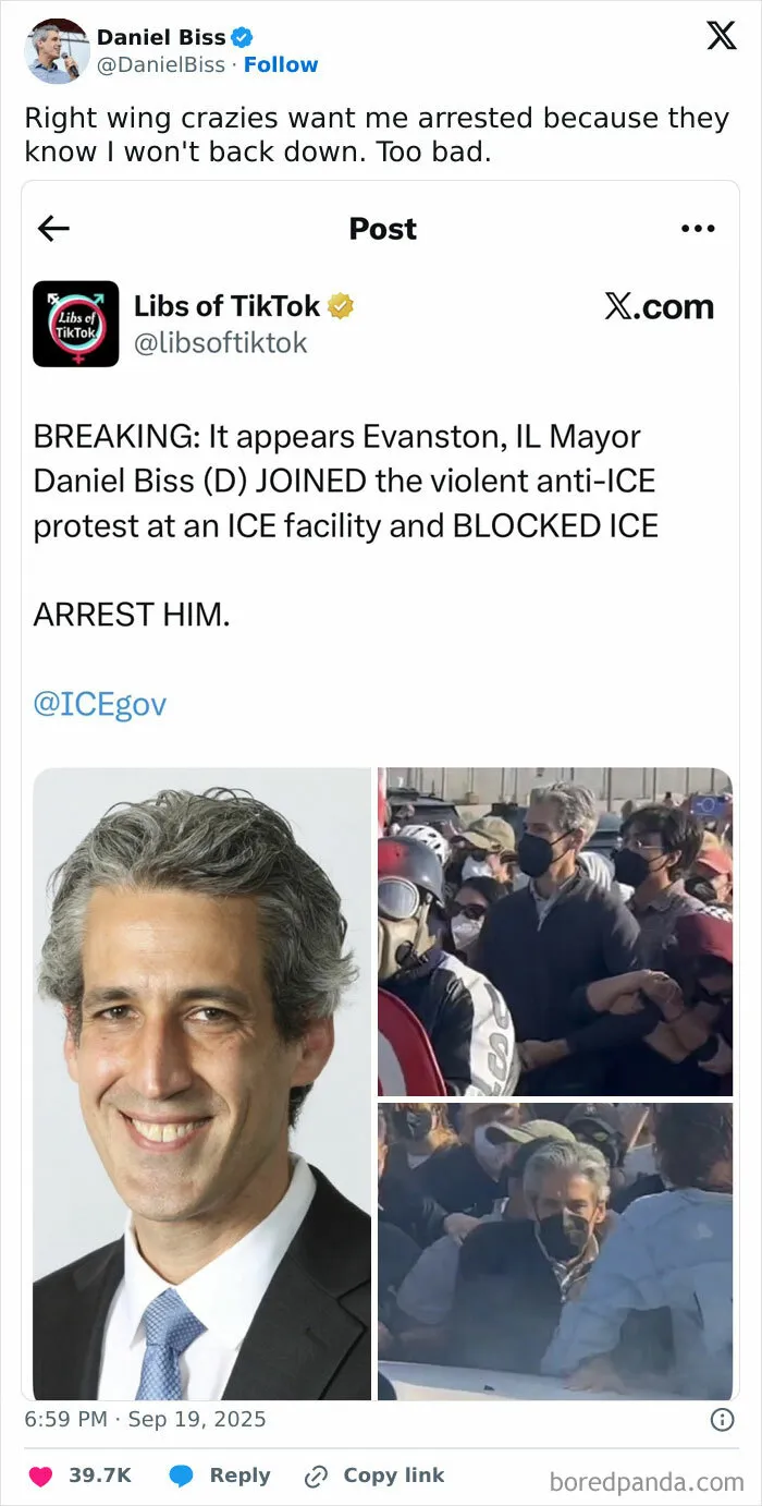 Evanston mayor caught in protest attempt fail pics, blocking ICE facility amidst crowd wearing masks.