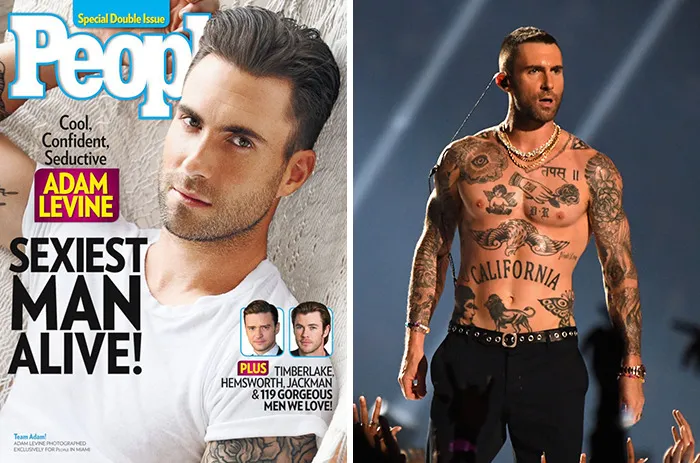 Adam Levine featured as a Sexiest Man Alive winner, shown shirtless with tattoos and in a close-up on a magazine cover.