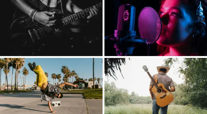 Collage of musicians playing guitar, singing into microphone, breakdancing, and walking outdoors with guitar for poll part 2.