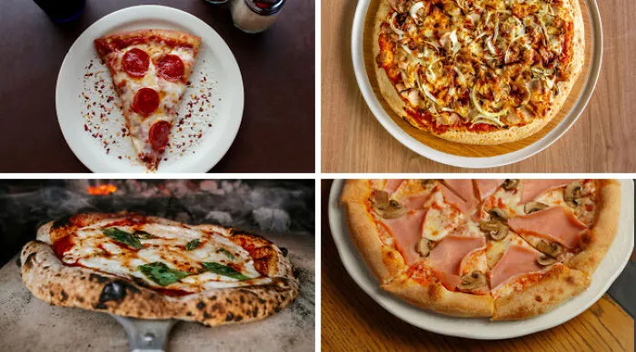 Various types of pizza slices and whole pizzas on plates, perfect for a choose one lose the rest poll comparison.