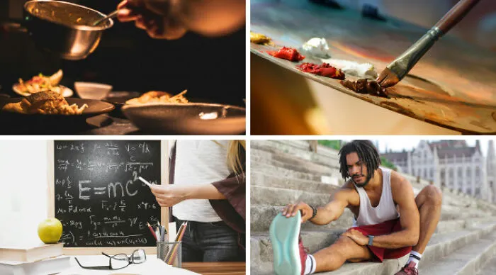 Collage showing cooking, painting, teaching science, and a man stretching during exercise in choose one lose the rest poll.