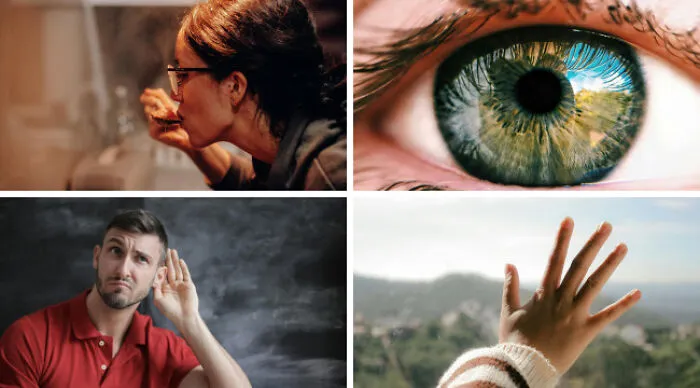 Collage of a woman drinking coffee, close-up eye, man listening intently, and hand raised outdoors for choose one lose the rest poll.