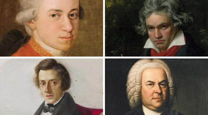 Portrait collage of classical composers Mozart, Beethoven, Chopin, and Bach for choose one lose the rest poll.