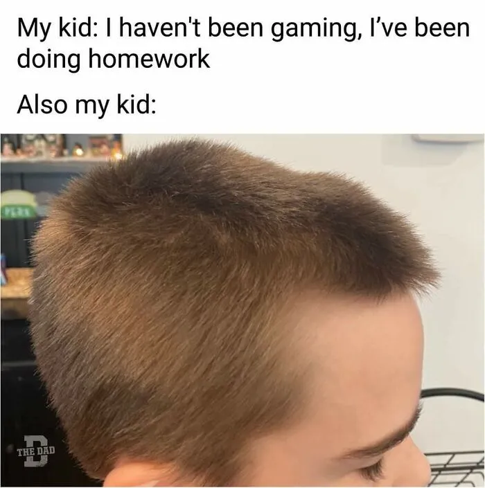 Child’s uneven haircut contrasting with claim of doing homework, a humorous moment for dads wanting gaming peace.