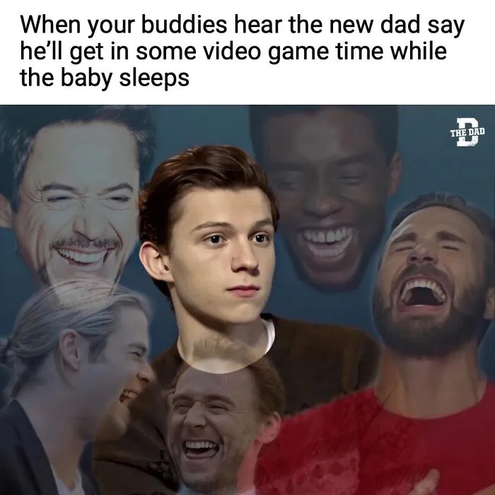 Young dad focused on gaming while friends laugh, capturing the humor of dads wanting video game time in peace.