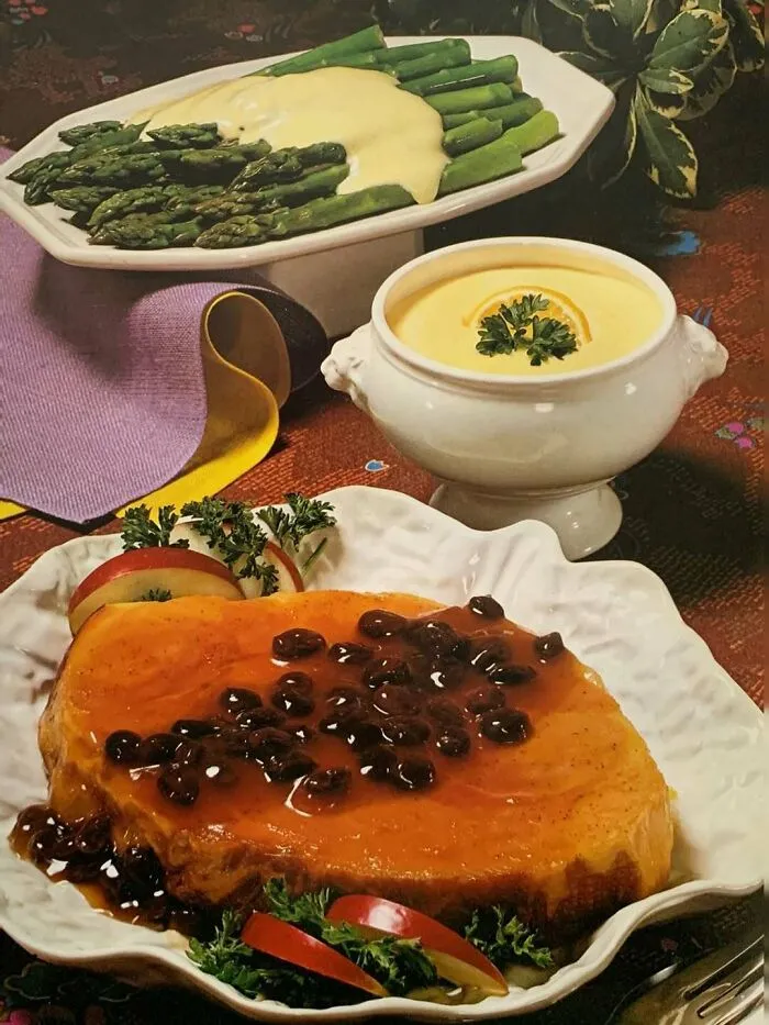 Hollandaise Sauce On Asparagus, Raisin Brandy Sauce On Ham From “Sanyo Microwave Cooking”, 1985