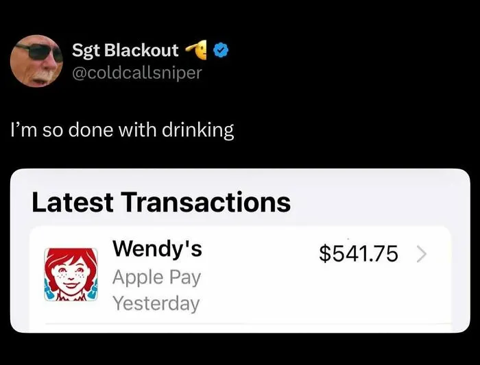 Screenshot of a humorous social media post about drinking with a funny high spending transaction shown to entertain and fight boredom.