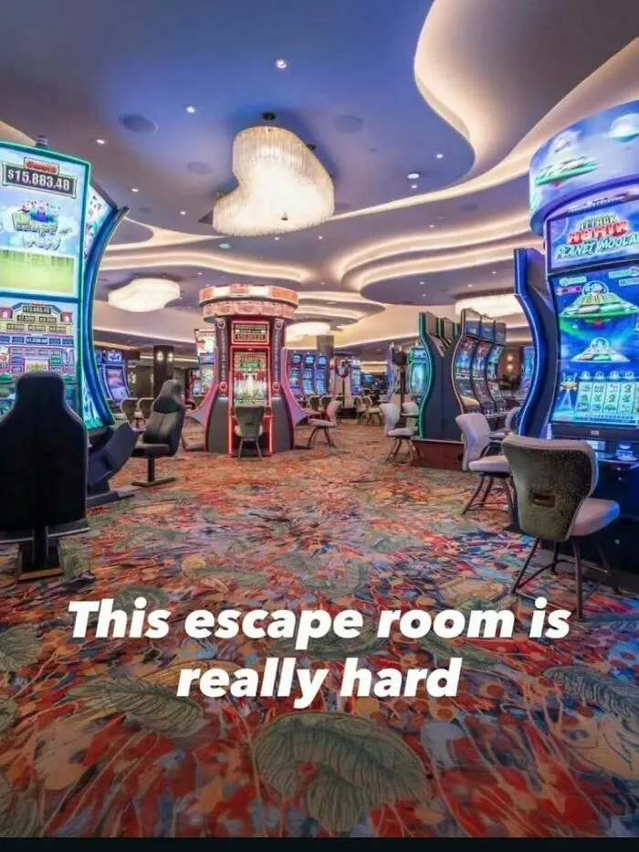 Casino gaming floor with rows of slot machines and text about entertaining posts and memes to fight boredom and sadness.