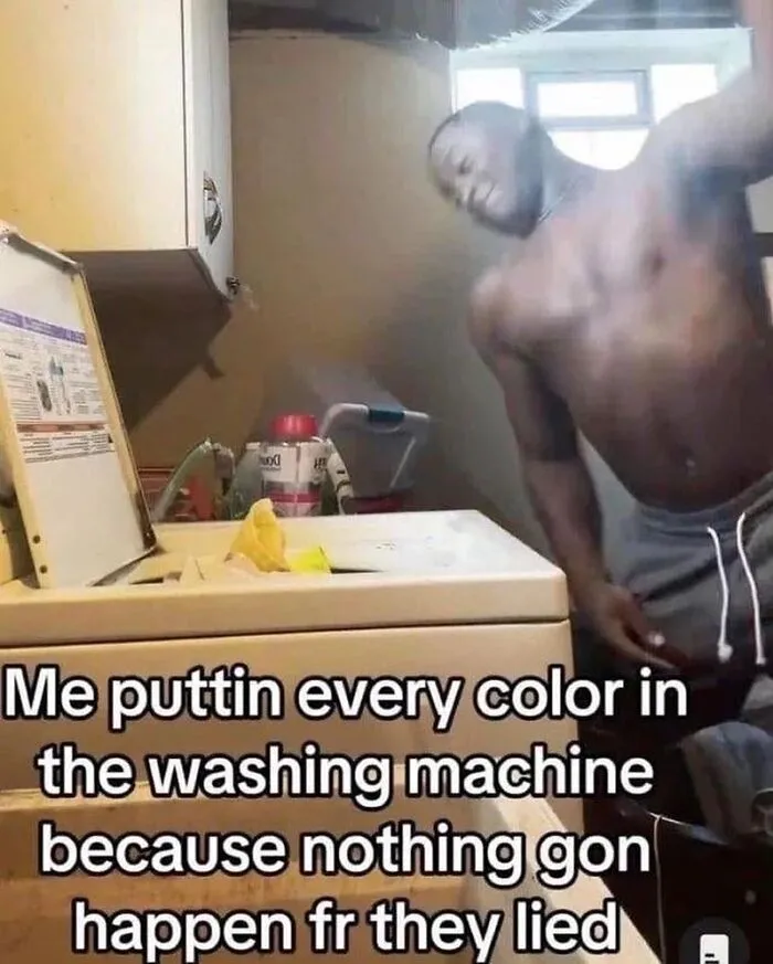 Man leaning over a washing machine, humorous meme about mixing colors to entertain and fight boredom and sadness.
