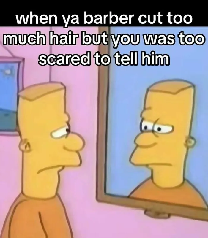 Cartoon character looking sadly in mirror with meme about haircut, an entertaining post to fight boredom and sadness.