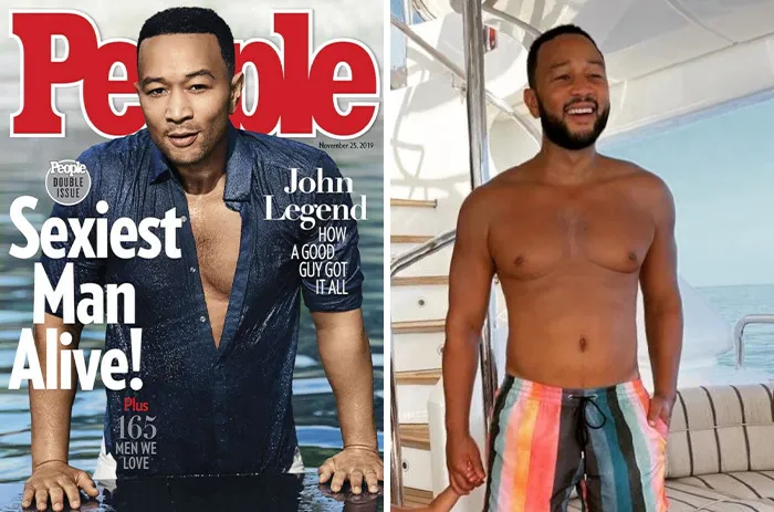John Legend featured as one of People’s sexiest man alive winners, posing on magazine cover and smiling on a boat.