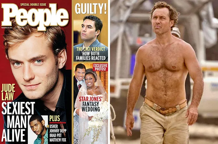 People's Sexiest Man Alive winners Jude Law shirtless scene and cover featuring other past winners in a magazine layout.