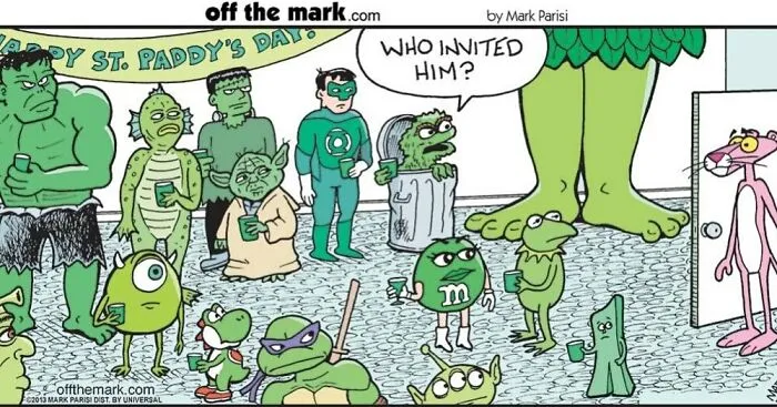 One-panel comic by Mark Parisi featuring iconic characters in a humorous St. Paddy’s Day gathering.