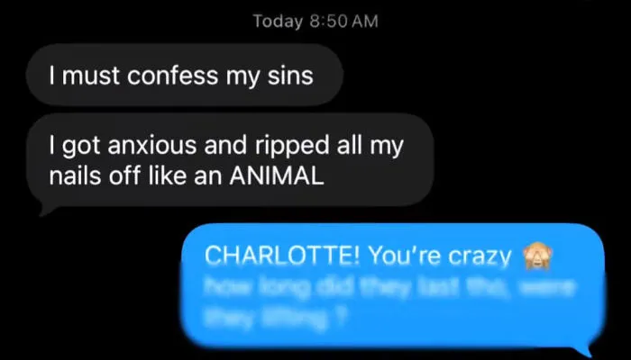 Text message exchange showing an anxious client confessing nail anxiety in entitled client texts shamed online.