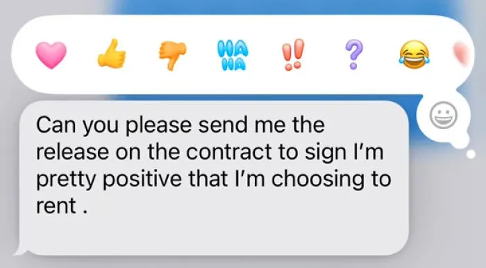 Client text asking to send a contract release for signing, showcasing entitled messages shared online for public shaming.