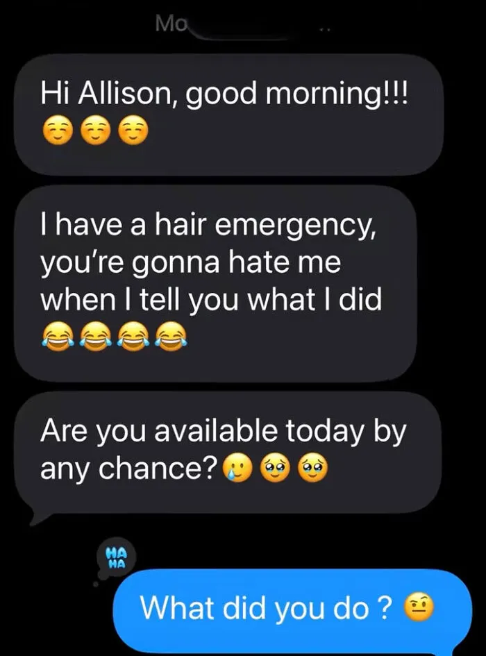 Text message thread showing an entitled client urgently requesting a same-day appointment for a hair emergency.