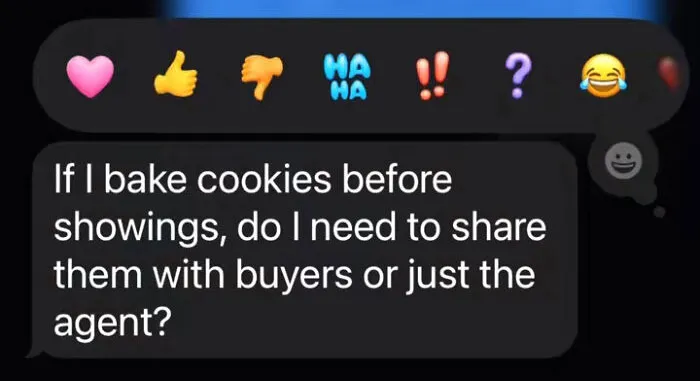 Client text showing entitlement asking if baked cookies must be shared with buyers or just the agent before showings.