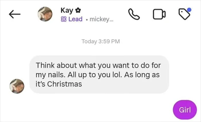 Client texts showing entitlement with demanding messages about nail services during Christmas season.