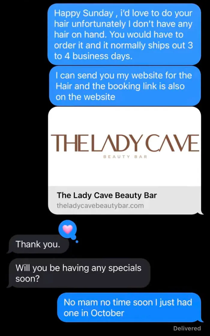 Text message exchange showing entitled client texts about hair services and booking from a beauty bar conversation.