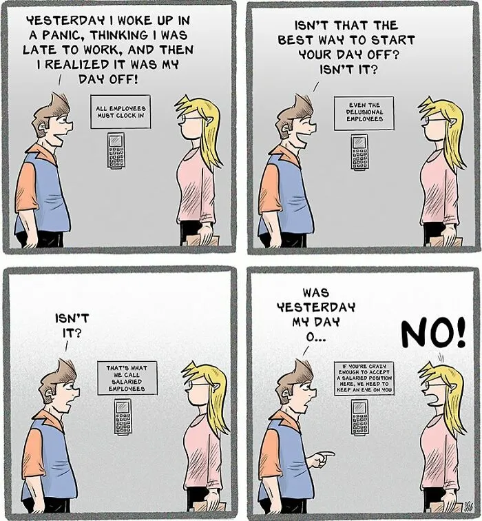 Comic strip showing relatable retail work chaos as employees discuss day off confusion near clock-in machine.