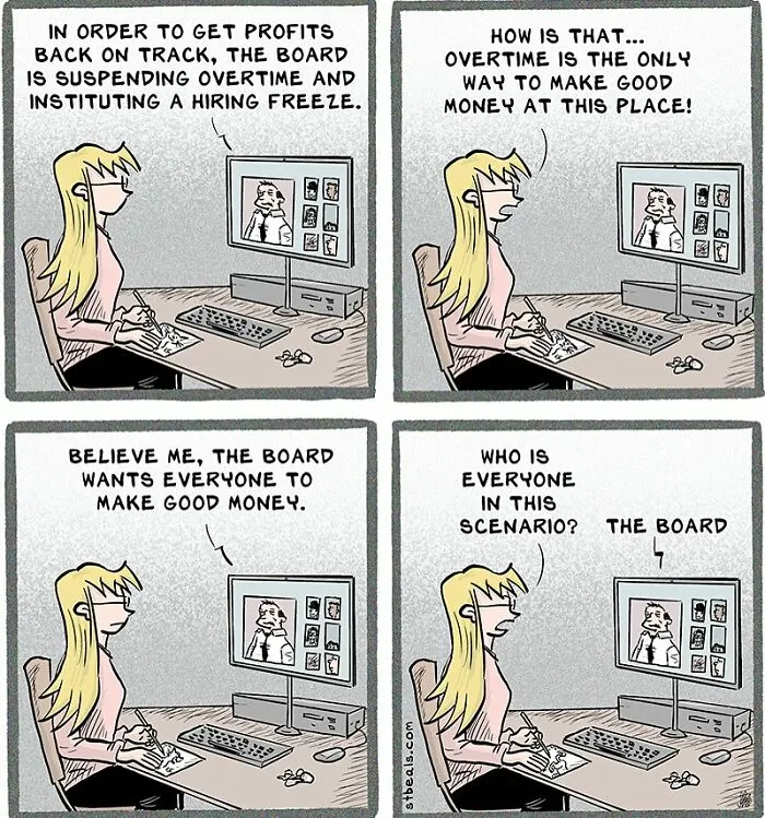 Comic strip illustrating the chaos of working in retail, showing a conversation about overtime and hiring freeze frustrations.