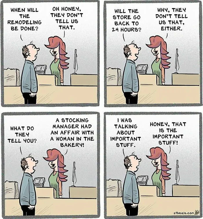 Comic strip showing a humorous conversation about the chaos of working in retail during store remodeling.