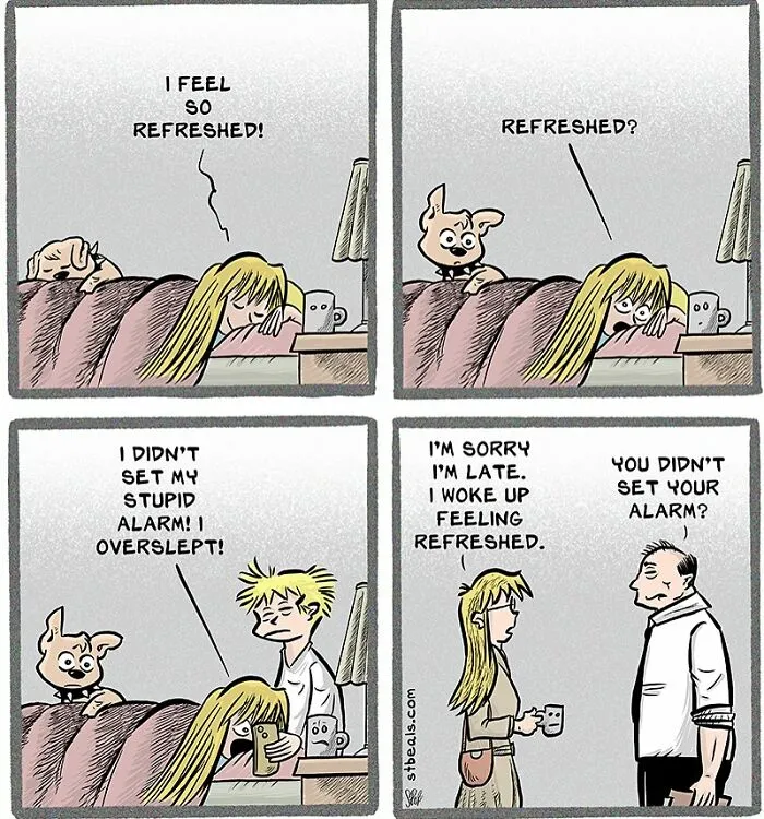 Comic strip showing relatable chaos of working in retail with oversleeping and alarm mishaps humor.