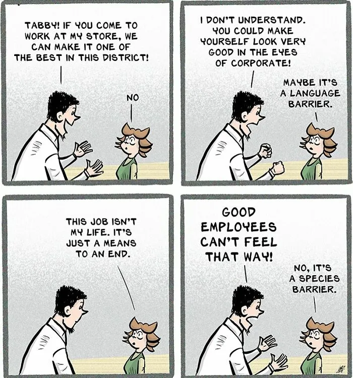 Comic about the chaos of working in retail showing a conversation on job attitudes and employee perspectives.