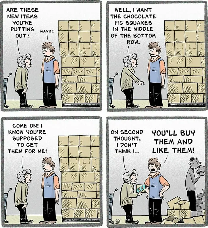 Comic strip showing a retail worker and customer humorously dealing with chaos in a busy retail environment.