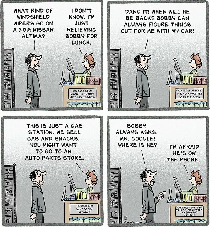 Comic strip showing relatable chaos of working in retail at a gas station with funny customer interactions and employee responses.