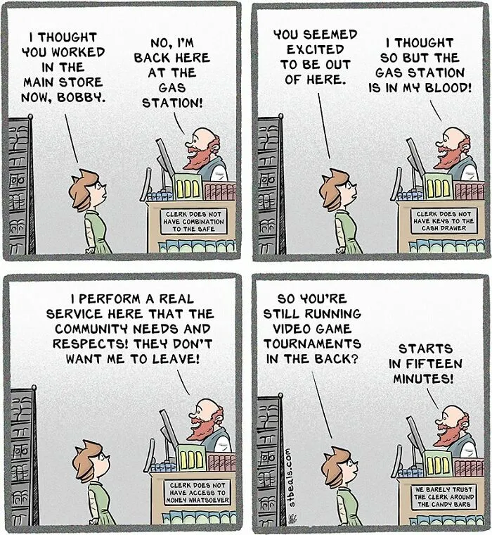 Comic strips depicting the relatable chaos and humor of working in retail at a gas station store.