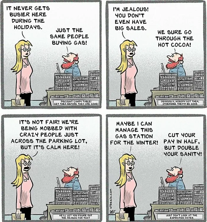 Comic showing relatable retail chaos with gas station workers discussing holiday sales and customer craziness.