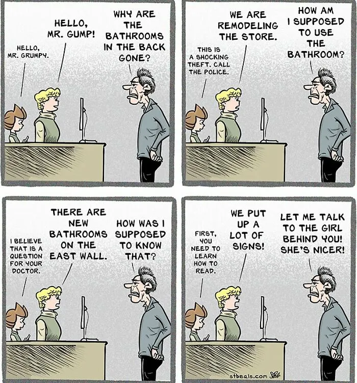 Comic strip showing a retail worker humorously dealing with a confused customer about missing bathrooms during store remodeling.