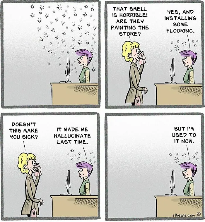 Comic strip showing retail workers humorously discussing the horrible smell and chaos of working in retail.