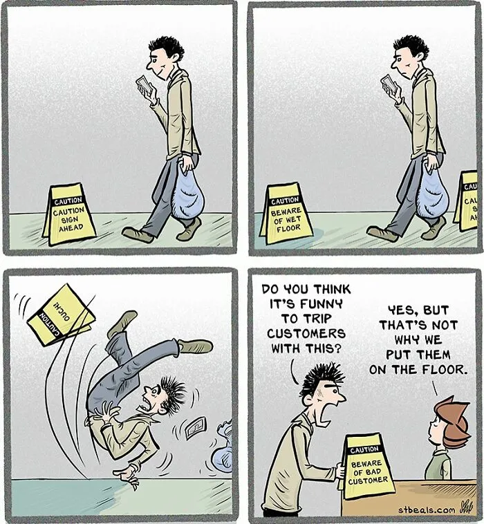 Comic showing the chaos of working in retail with humorous signs and a customer tripping over caution warnings.