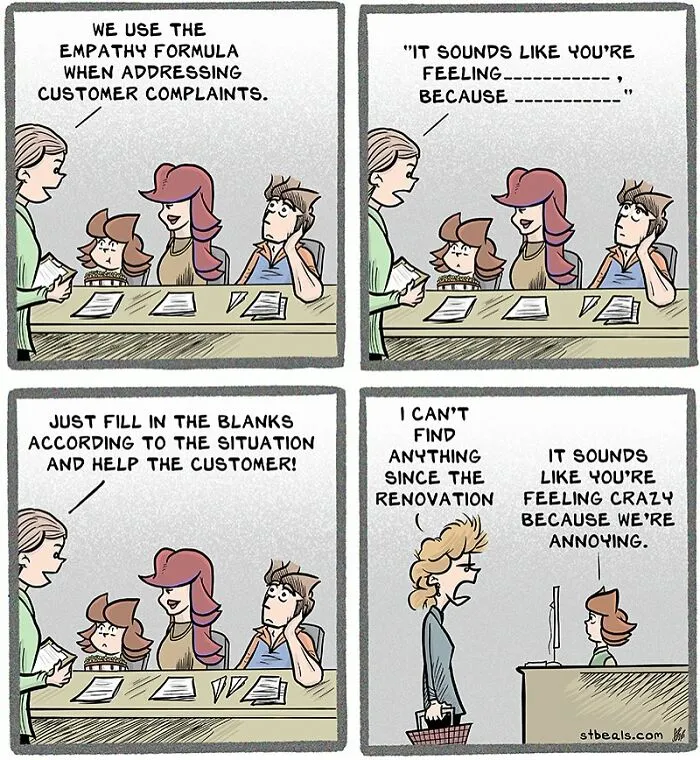 Comic illustrating relatable chaos of working in retail with customer complaints and awkward empathy training moments.