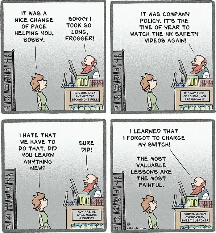 Comic strip showing relatable retail chaos with employees discussing company policies, safety videos, and work challenges.