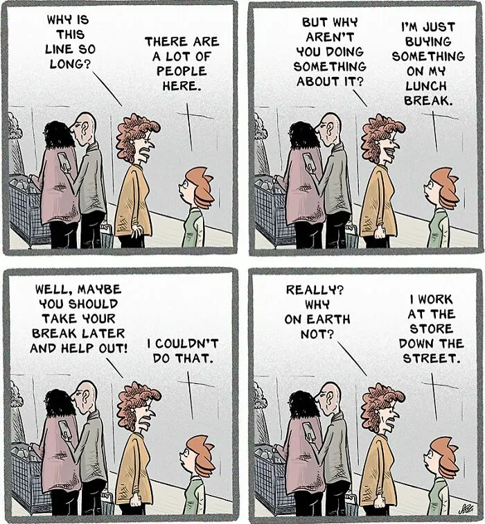 Comic strip showing a relatable conversation about the chaos of working in retail during a lunch break.