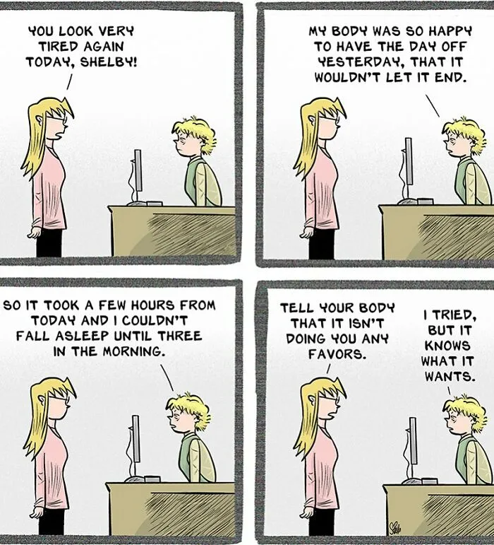 Comic strip showing two retail workers discussing exhaustion and sleep struggles after a day off, highlighting retail work chaos.
