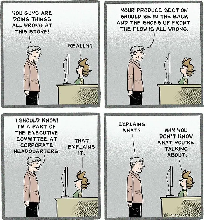 Comic strip showing a retail worker and customer humorously discussing chaos and confusion in store management.