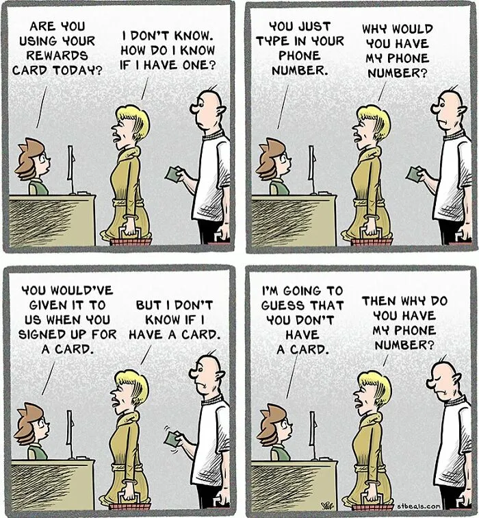 Comic strip showing a retail worker dealing with a confused customer about rewards cards and phone numbers.