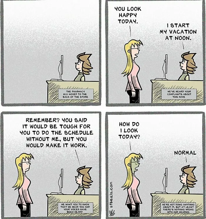 Retail work comic showing two employees discussing schedule changes and vacation, capturing relatable retail chaos humor.