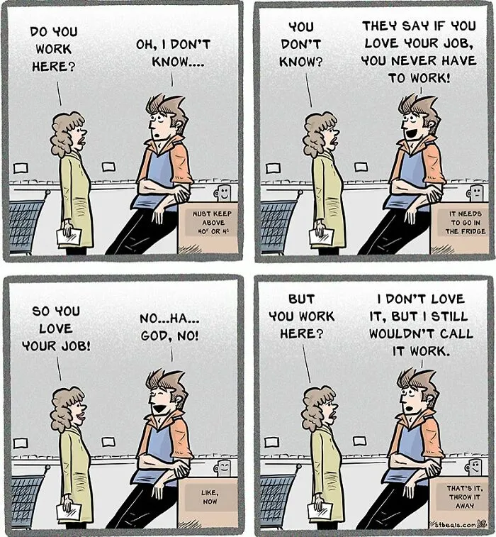 Comic panels showing a humorous conversation about love and chaos of working in retail between a customer and a retail worker.