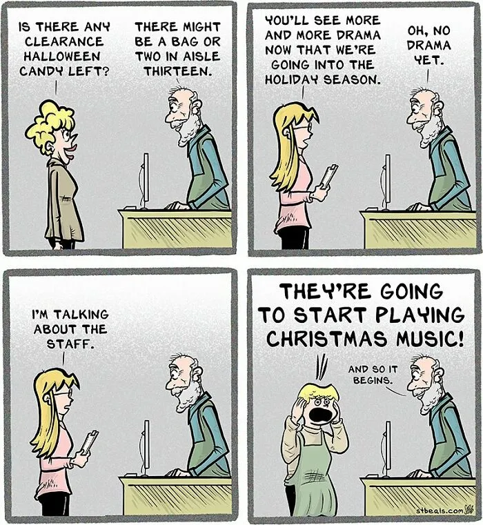 Comic strip showing relatable chaos of working in retail with staff drama and holiday season Christmas music starting.