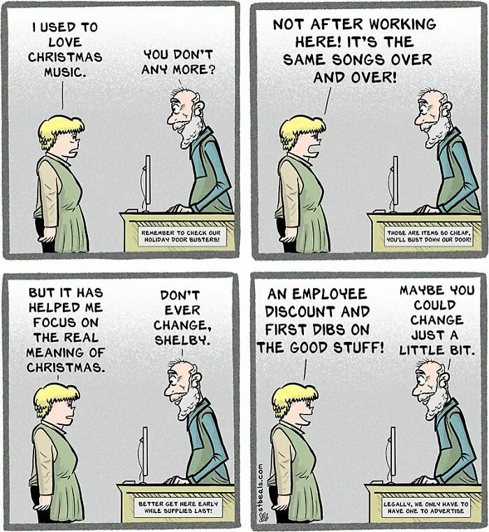 Comic strip showing relatable retail work chaos with employee and customer discussing holiday music and discounts.