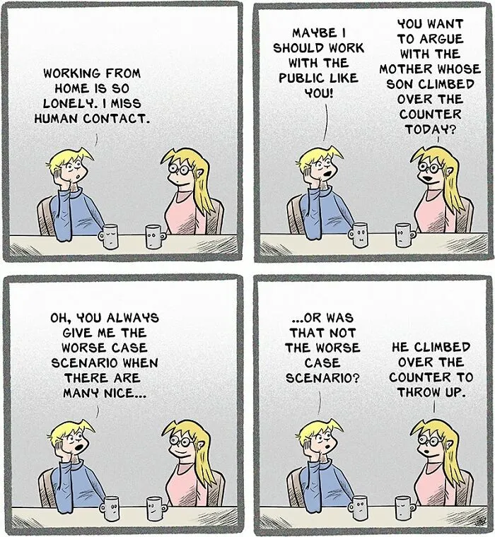 Two coworkers humorously discuss the chaos of working in retail and difficult customer encounters at a break table.