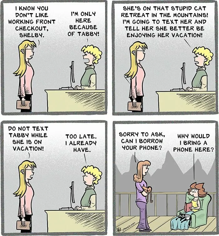 Four-panel comic illustrating the chaos of working in retail through humorous employee conversations and situations.