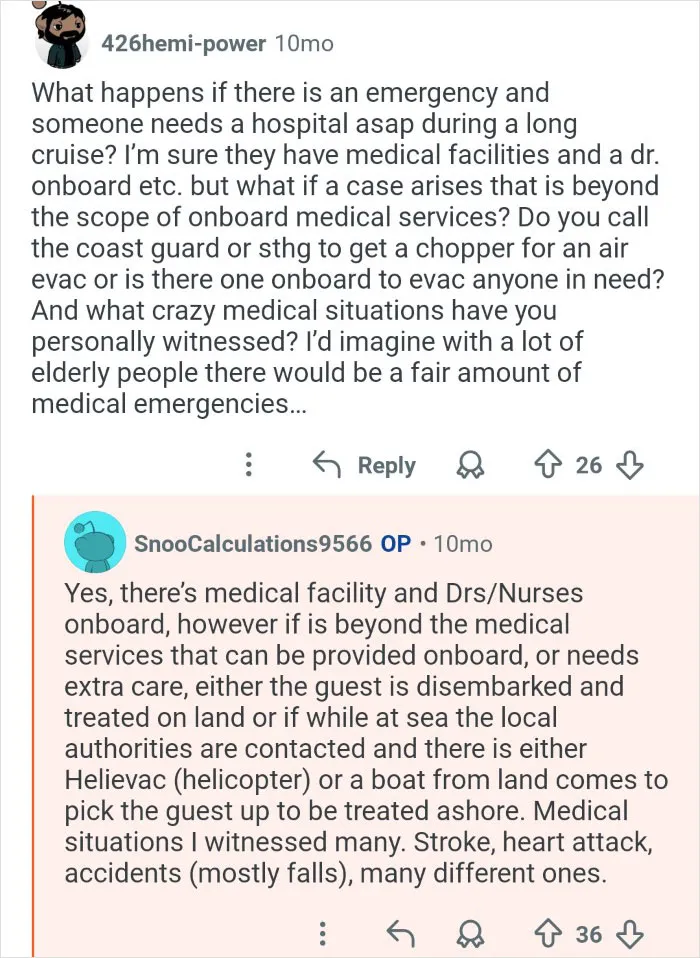 Cruise ship employees discuss medical emergencies and evacuation procedures behind the scenes on their workplace.