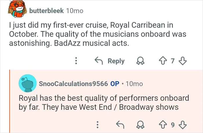 Cruise ship employees sharing behind the scenes insights of their workplace and onboard entertainment quality.