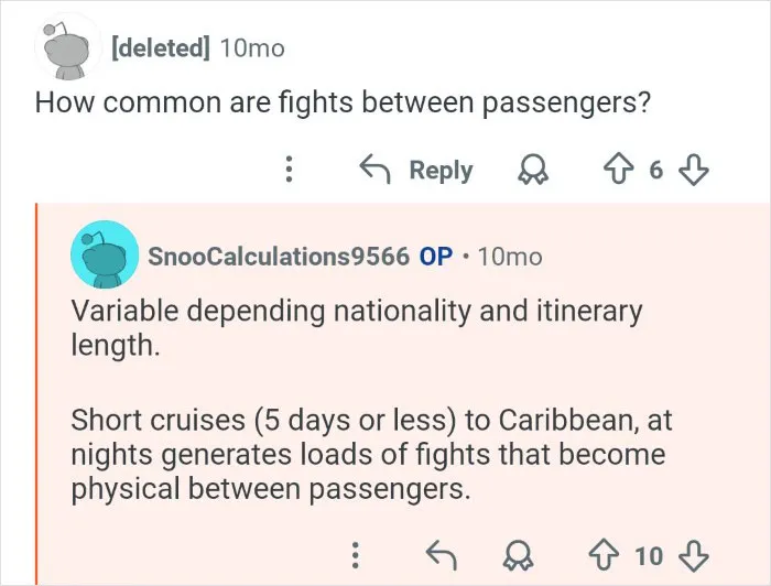 Screenshot of a conversation about cruise ship employees describing common passenger fights during short Caribbean cruises.